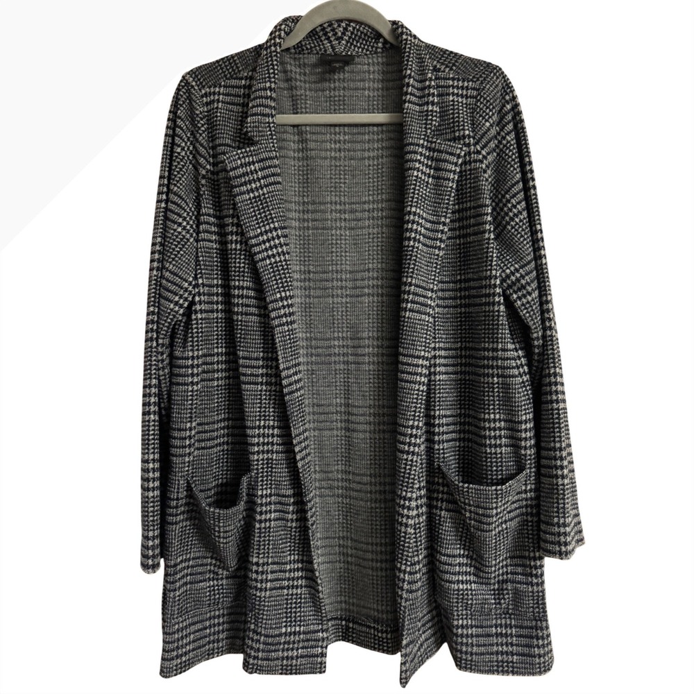 J. Jill Wearever Glen Plaid Open Front Cardigan Blazer Black White Medium
